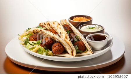 Large plate with falafel and salad on a dark background, restaurant concept Large plate with falafel and salad on a dark background, restaurant concept 106958607
