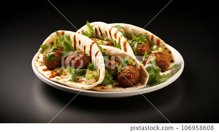 Large plate with falafel and salad on a dark background, restaurant concept Large plate with falafel and salad on a dark background, restaurant concept 106958608