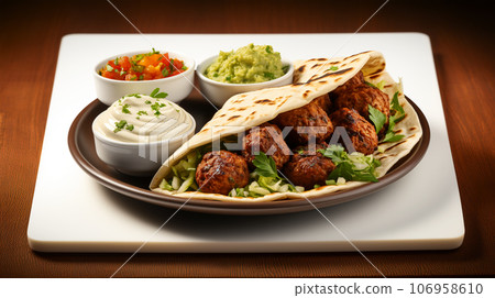 Large plate with falafel and salad on a dark background, restaurant concept 106958610