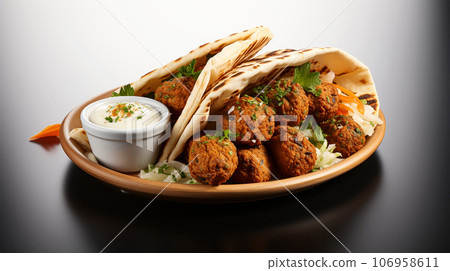 Large plate with falafel and salad on a dark background, restaurant concept Large plate with falafel and salad on a dark background, restaurant concept 106958611