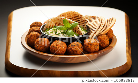 Large plate with falafel and salad on a dark background, restaurant concept Large plate with falafel and salad on a dark background, restaurant concept 106958612