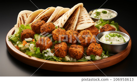 Large plate with falafel and salad on a dark background, restaurant concept 106958613