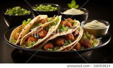 Large plate with falafel and salad on a dark background, restaurant concept Large plate with falafel and salad on a dark background, restaurant concept 106958614