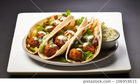 Large plate with falafel and salad on a dark background, restaurant concept Large plate with falafel and salad on a dark background, restaurant concept 106958615