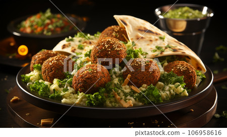 Large plate with falafel and salad on a dark background, restaurant concept Large plate with falafel and salad on a dark background, restaurant concept 106958616