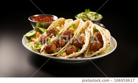 Large plate with falafel and salad on a dark background, restaurant concept Large plate with falafel and salad on a dark background, restaurant concept 106958617