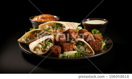 Large plate with falafel and salad on a dark background, restaurant concept Large plate with falafel and salad on a dark background, restaurant concept 106958618