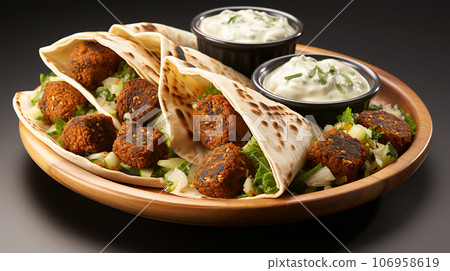 Large plate with falafel and salad on a dark background, restaurant concept Large plate with falafel and salad on a dark background, restaurant concept 106958619
