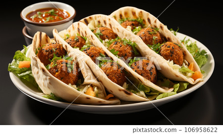 Large plate with falafel and salad on a dark background, restaurant concept 106958622