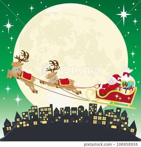 聖誕夜聖誕老人乘坐馴鹿雪橇在星空中飛行的矢量圖 106958938