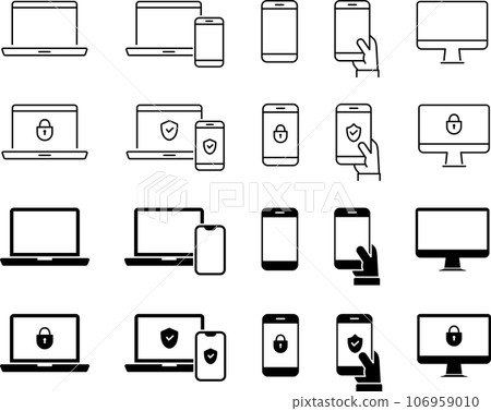 計算機和智能手機的線條畫和輪廓圖標集 106959010