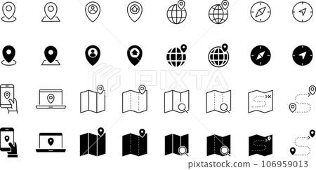 Set of line drawing and silhouette icons about maps 106959013