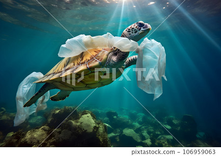 Turtle got tangled in a plastic bag in the ocean. Problem of environmental pollution. Generative AI 106959063