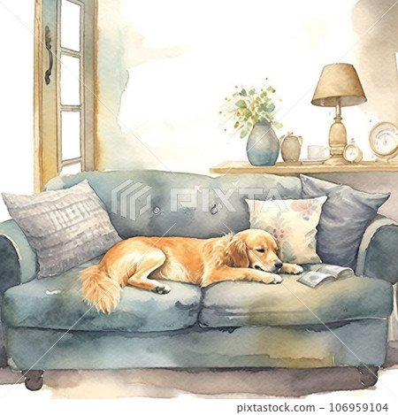 Watercolor illustration of a golden retriever relaxing in the living room AI image Watercolor illustration of a golden retriever relaxing in the living room AI image 106959104