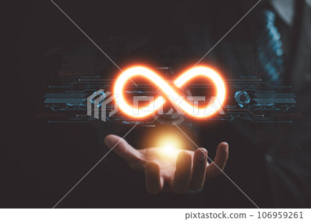 Circular infinity symbol held by businessman, illustrating circular economy and infinite opportunities. Strategy of sustainable investment, banking, and financial growth. technology infinity data 106959261