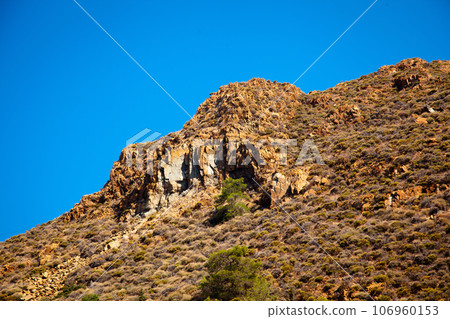 Rocky hill or mountain with distinctive short and stunted vegetation and blue sky 106960153