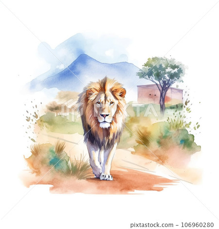 Watercolor illustration of a lion walking on safari AI image 106960280