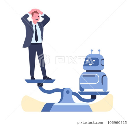 Superiority of artificial intelligence over humans. Businessman and robot on scales. Worker and AI technology competition. Rival with android. Productivity comparison. Vector concept 106960315