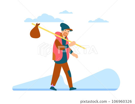 Poverty and destitution. Homeless vagrant walking down road with bag on stick. Jobless man begging. Unhappy vagabond traveling. Hopelessness and despair. Unemployed male. Vector concept Poverty and destitution. Homeless vagrant walking down road with bag on stick. Jobless man begging. Unhappy vagabond traveling. Hopelessness and despair. Unemployed male. Vector concept 106960326