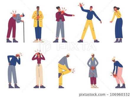 People with pain. Cartoon men or women suffering from aches. Hurt types. Health problems. Red marks in different body parts. Inflammation or trauma. Disease painful symptoms vector set People with pain. Cartoon men or women suffering from aches. Hurt types. Health problems. Red marks in different body parts. Inflammation or trauma. Disease painful symptoms vector set 106960332