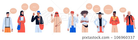 People greeting different languages. Multicultural happy students. Cartoon funny characters say hello. International communication. Foreign speaking. Cute young men or women vector set People greeting different languages. Multicultural happy students. Cartoon funny characters say hello. International communication. Foreign speaking. Cute young men or women vector set 106960337