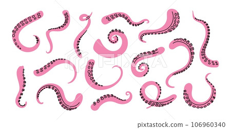Octopus pink tentacles. Cute mollusk twisted long limbs. Cartoon underwater creature palpuses. Cephalopod animals curl arms. Undersea predator. Seafood from marine squid. Garish vector set 106960340