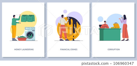 Money laundering scenes. Financial crime. People giving bribe or bribery of official. Man and woman breaking law. Counterfeit coin washing. Corruption and fraud. Vector posters set 106960347