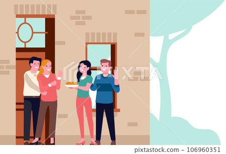 Man and woman came to meet their neighbors and brought pie to share. Housewarming celebration. Neighborhood holiday. Dating gift cake. Families standing on porch of house. Vector concept Man and woman came to meet their neighbors and brought pie to share. Housewarming celebration. Neighborhood holiday. Dating gift cake. Families standing on porch of house. Vector concept 106960351
