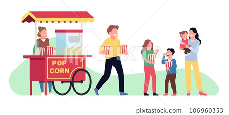 Large family. Cheerful parents with kids buy popcorn near street food cart in park. People walking in nature. Vendor at counter. Mother and father together with children. Vector concept 106960353