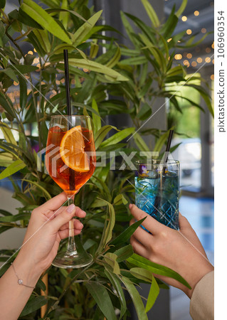 Clinking glasses with alcohol and toasting, party. 106960354