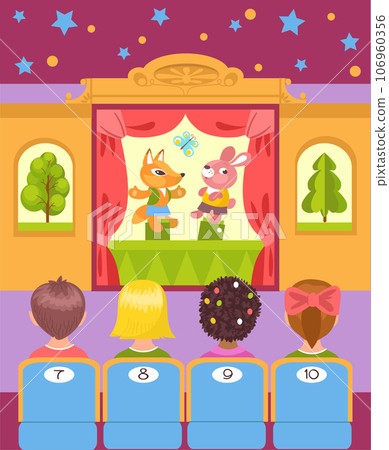 Kids puppets show. Spectators watch entertainment performance. Theater stage. Actors perform in front of children. Marionette dolls. Curtains and decorations. Splendid vector concept Kids puppets show. Spectators watch entertainment performance. Theater stage. Actors perform in front of children. Marionette dolls. Curtains and decorations. Splendid vector concept 106960356