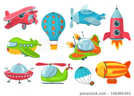 Kids air transport. Cute childish vehicles. Flying toys. Helicopter and rocket. Aerial balloon flight. UFO and airships. Children aircraft. Cartoon baby aviation. Splendid vector set 106960365