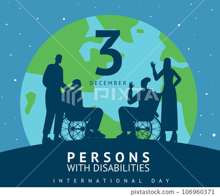 International Day card. Persons with medical disabilities poster. People silhouettes in wheelchairs on globe background. World accessibility for handicapped men and women. Vector concept 106960371