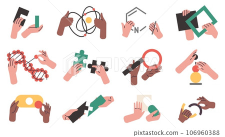Hands with puzzles. Abstract geometric shapes. People collect piece things together. Human arms holding figures. DNA helix. Logical jigsaw. Scientific elements. Vector brainteasers set Hands with puzzles. Abstract geometric shapes. People collect piece things together. Human arms holding figures. DNA helix. Logical jigsaw. Scientific elements. Vector brainteasers set 106960388