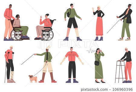 Disability people. Physical inabilities characters. Positive emotions. Blind persons with walking stick and dog. Paralyzed man and woman on wheelchairs. Disabled patients vector set 106960396