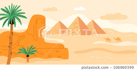 Desert sand landscape with pyramids and camels. Egypt architecture and culture. Historical symbols. Ancient statue of Sphinx. Arid hot climate. Drought panorama. Garish vector background 106960399