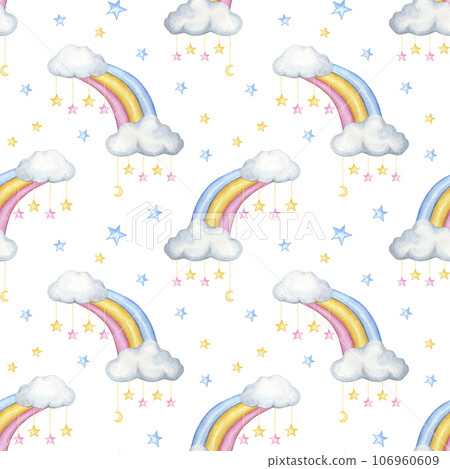 Seamless pattern with rainbows and clouds. watercolor Seamless pattern with rainbows and clouds. watercolor 106960609