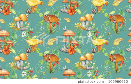 Forest pattern with bright watercolor mushrooms, leaves Forest pattern with bright watercolor mushrooms, leaves 106960610