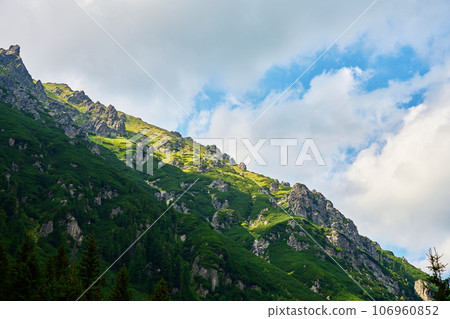 Mountains covered with green forest agains blue cloudy sky. Natural landscape Mountains covered with green forest agains blue cloudy sky. Natural landscape 106960852