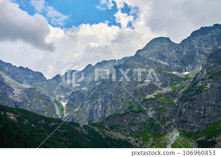 View on mountains peaks in Tatra National park. Rysy mountain ranges. Nature landscape. Famous touristic pace for hiking in Poland 106960853