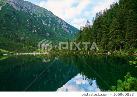 Spruce forest near blue lake in mountains. Tatra National Park in Poland. Panoramic view on Morskie Oko or Sea Eye lake in Five lakes valley. Nature landscape 106960858