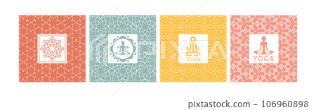Yoga Icon and Square Emblem with Lotus Zen Symbol Vector Set 106960898