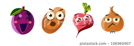 Funny Fruit and Vegetable Characters with Faces Vector Set 106960907