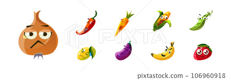 Funny Fruit and Vegetable Characters with Faces Vector Set 106960918