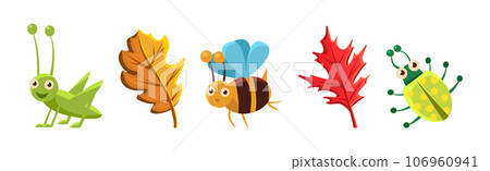Funny Insect Small Crawling Animal and Leaf Vector Set 106960941