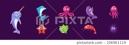 Funny Sea Animals and Underwater Creature Vector Set 106961119