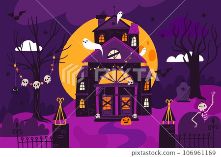 Cartoon horror house. Creepy Halloween castle with ghosts. Grave skeleton. Skulls and pumpkins. Spooky holiday decorations. Night landscape. Scary bats and spider. Garish vector concept Cartoon horror house. Creepy Halloween castle with ghosts. Grave skeleton. Skulls and pumpkins. Spooky holiday decorations. Night landscape. Scary bats and spider. Garish vector concept 106961169