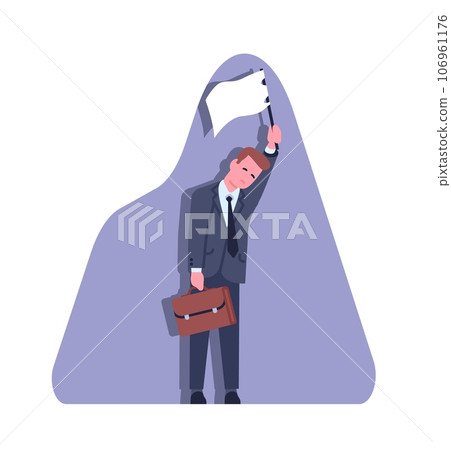 Business failure. Businessman displays white flag as symbol of losing. Disappointed male giving up on dream. Economy recession. Employees surrender. Professional defeat. Vector concept Business failure. Businessman displays white flag as symbol of losing. Disappointed male giving up on dream. Economy recession. Employees surrender. Professional defeat. Vector concept 106961176