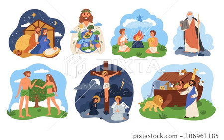 Biblical stories. Narratives compositions. Sacred book characters. Holy scripture. Christian religion scenes. Jesus Christ crucifix. Adam and Eve history. Noahs ship. Garish vector set 106961185