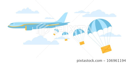 Air mail. Parachuted envelopes flying down from airplane. Aerial express delivery service. Sending letters. Messages in sky clouds. Shipping aircraft. Postal transport. Vector concept 106961194